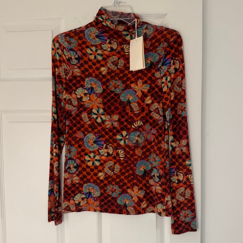 NWT Ulla Johnson Aurelia Turtleneck Oasis M Red Floral Sheer Long Sleeve Top